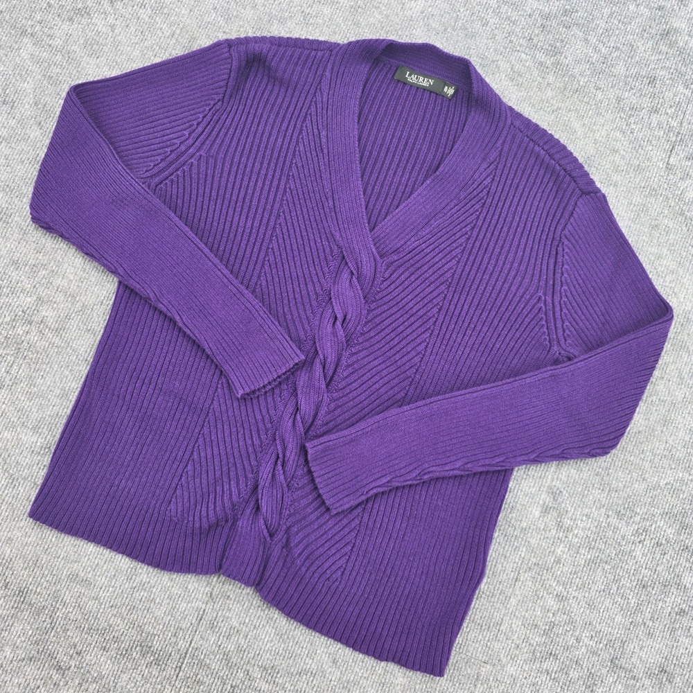 Lauren Ralph Lauren Purple Cable Knit Ribbed V-Neck Sweater XL Long Sleeve